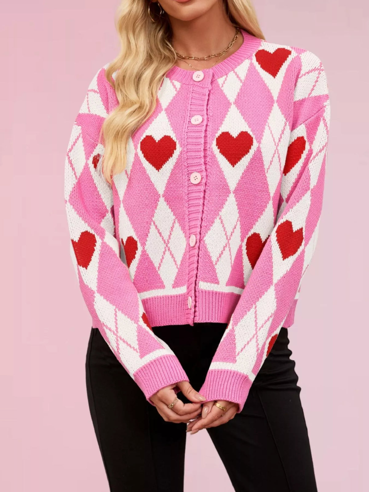 Heart Pattern Button-Up Cardigan