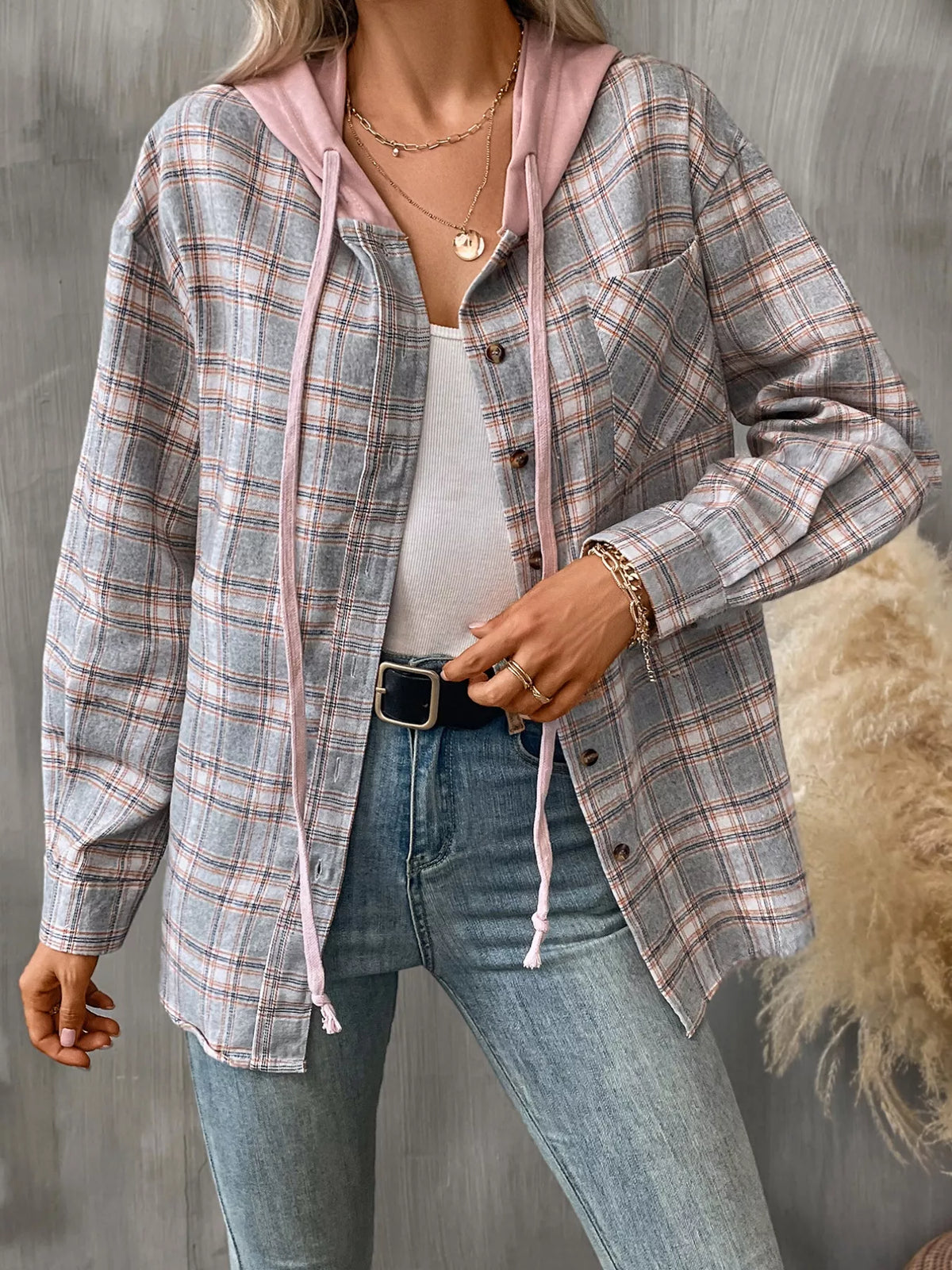 Plaid Button-Up Hooded Shirt with Chest Pocket