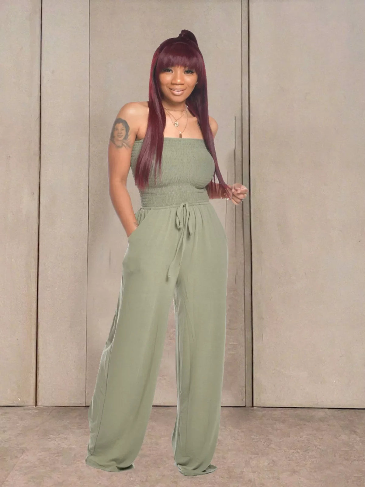 Strapless Smocked Wide-Leg Jumpsuit