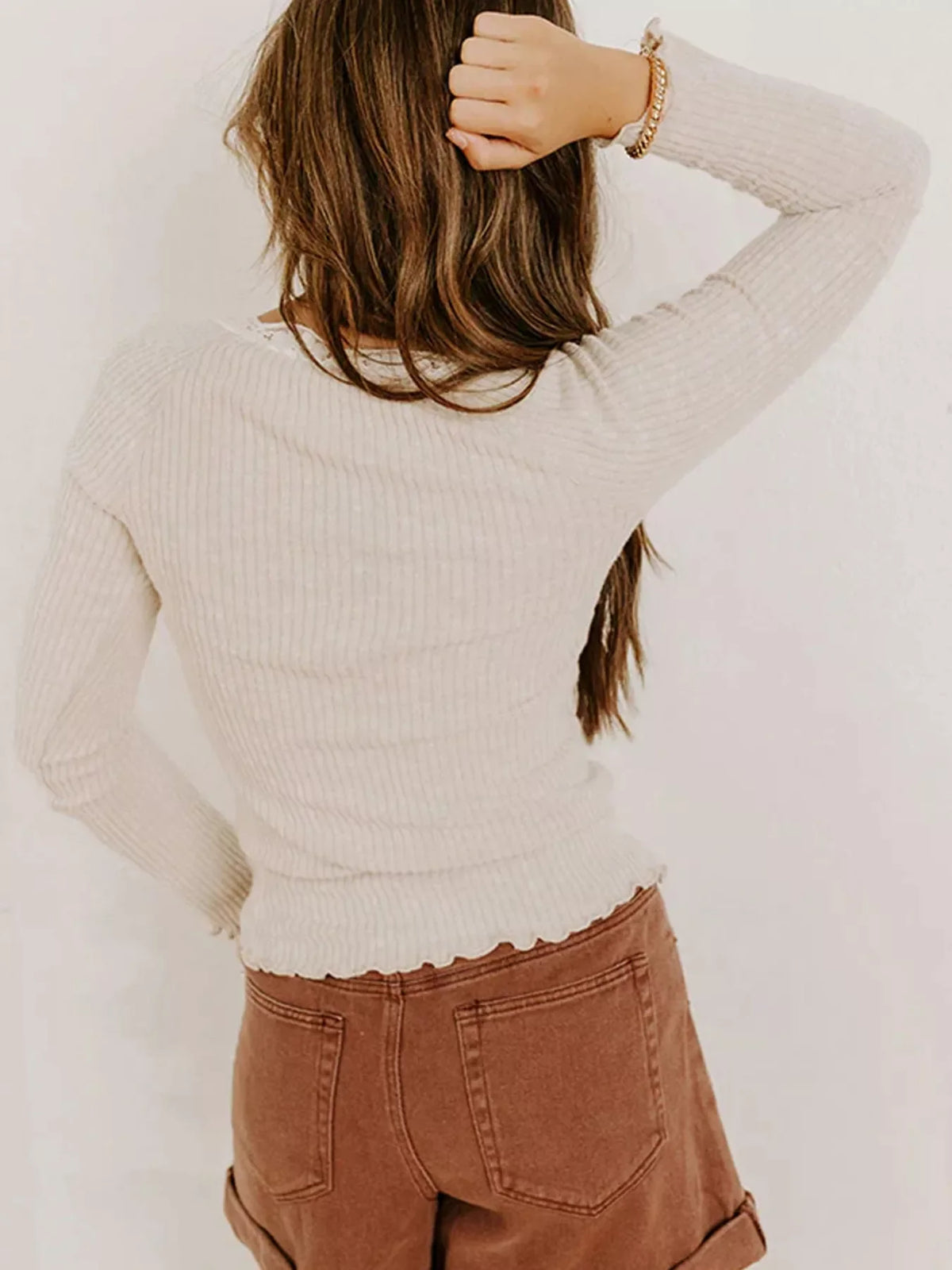 Lace Neckline Button Decor Lettuce Edge Long Sleeve Ribbed Top