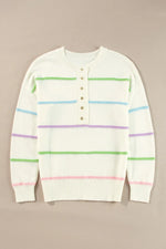 Contrast Striped Half Button Round Neck Sweater