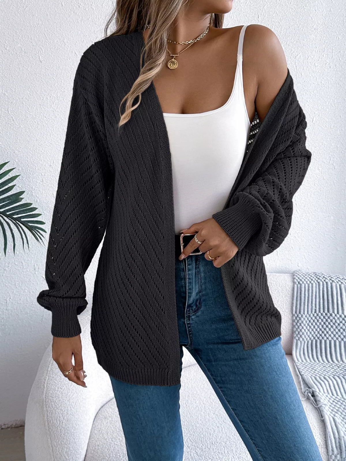 Openwork Open-Front Long Sleeve Cardigan