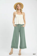 Umgee Linen Wide Leg Cropped Pants with Lace Trim