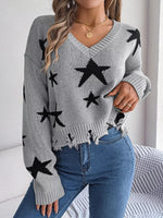 Star Pattern V-Neck Distressed Sweater