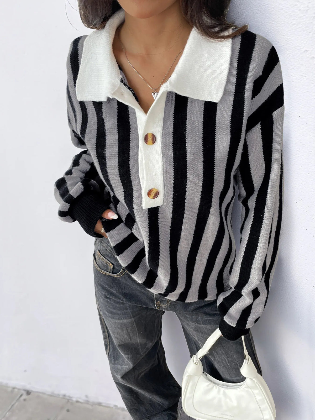 Striped Button Front Long Sleeve Sweater