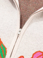 Floral Pattern Knit Quarter Zip Stand Neck Sweater