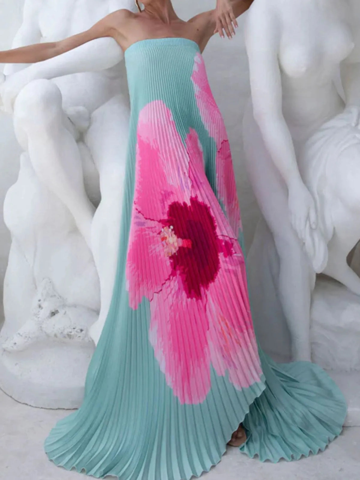 Pleated Printed Tube Floor Length Dress