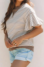 Contrast Striped Ruffle Short Sleeve Top
