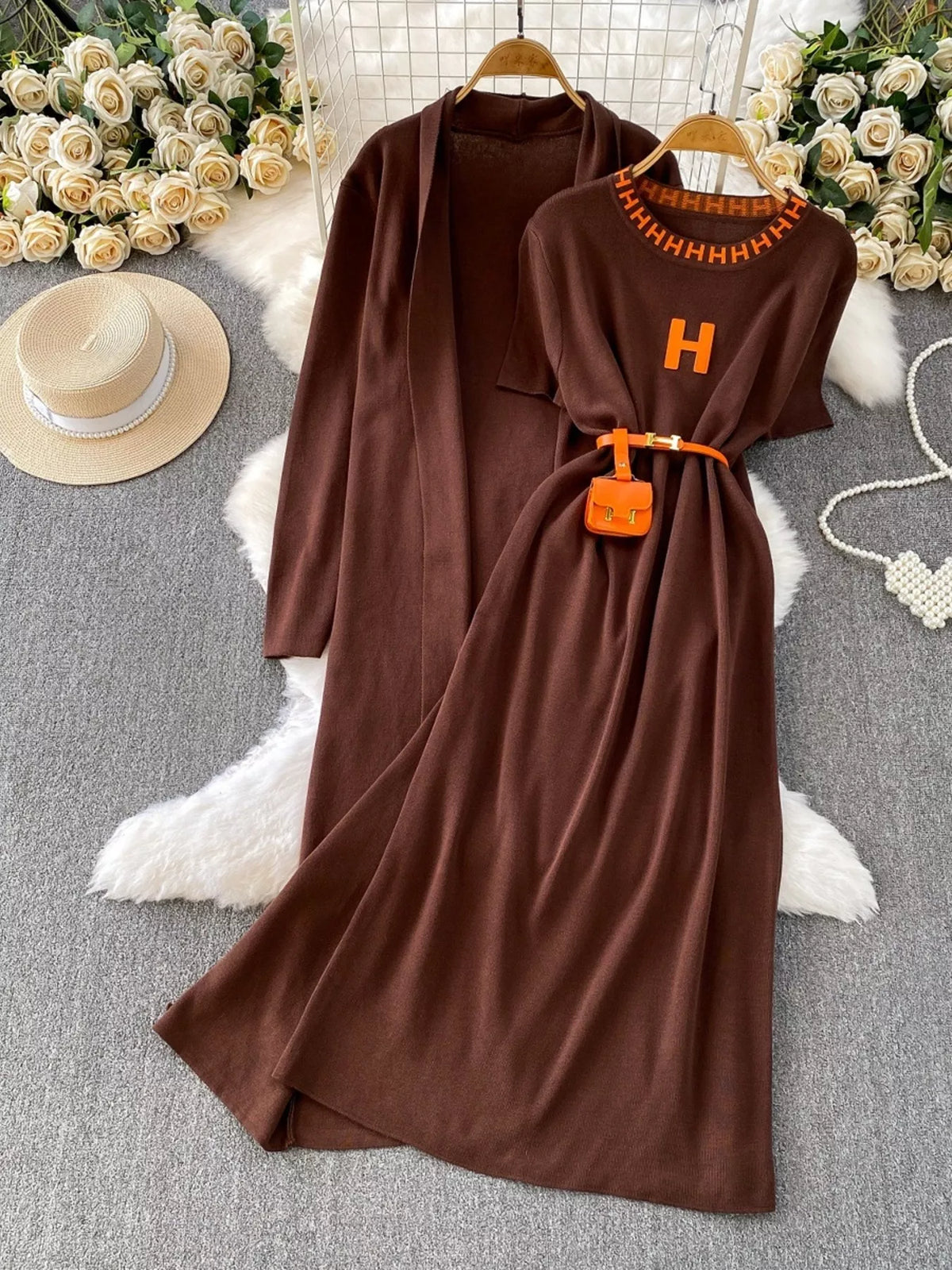 Round Neck Knitted Dress & Cardigan Set