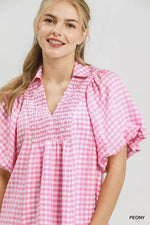 Umgee Smocked Yoke Puff Sleeve Gingham Blouse