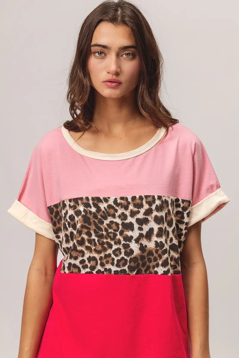 BiBi Leopard Printed JerseyColor Block Roll Up