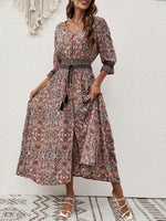 Paisley Print Half Sleeve Slit Midi Dress