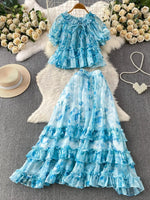Floral Print Ruffle Hem Blouse and Skirt Set