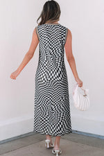 Checkered Round Neck Sleeveless Midi Dress