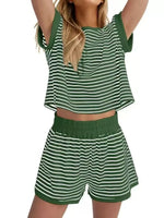 Full Size Striped Round Neck Top and Shorts Set Plus Size