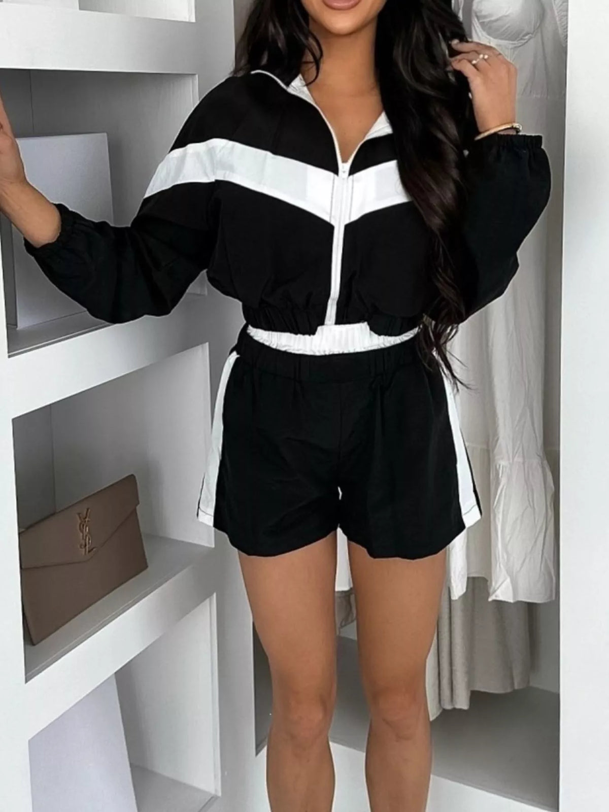 Color Block Zip-Up Jacket and Shorts Two-Piece Set