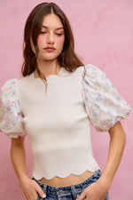 SO ME Floral Cotton Contrast Sleeves Scallop Sweater Top