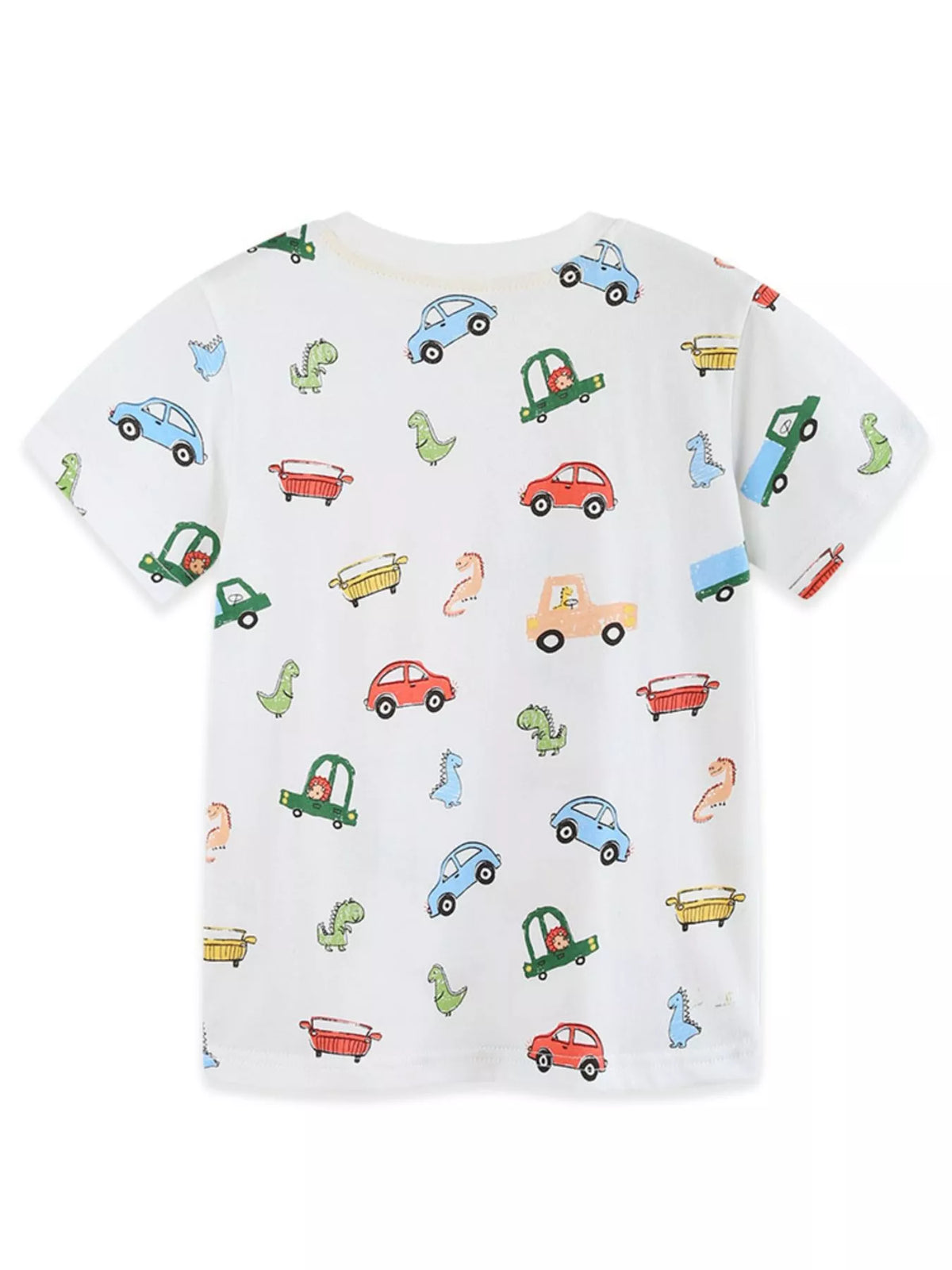 Children's Cartoon Car & Dinosaur Print Crew Neck Short Sleeve T-Shirt