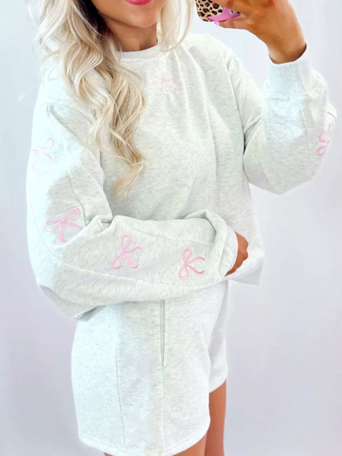 Bow Embroidered Round Neck Top and Shorts Set