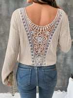 Lace Detail Ribbed Knit Long Sleeve T-Shirt