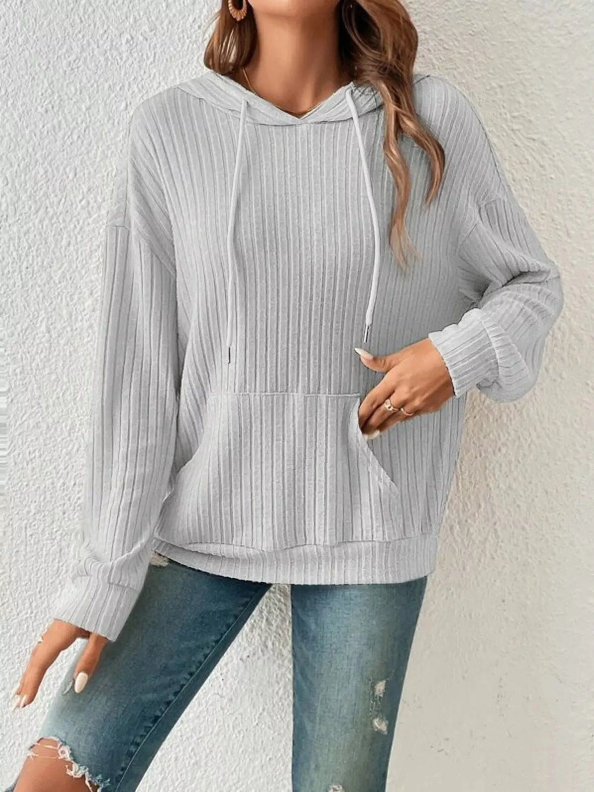 Casual Ribbed Knit Drawstring Hoodie