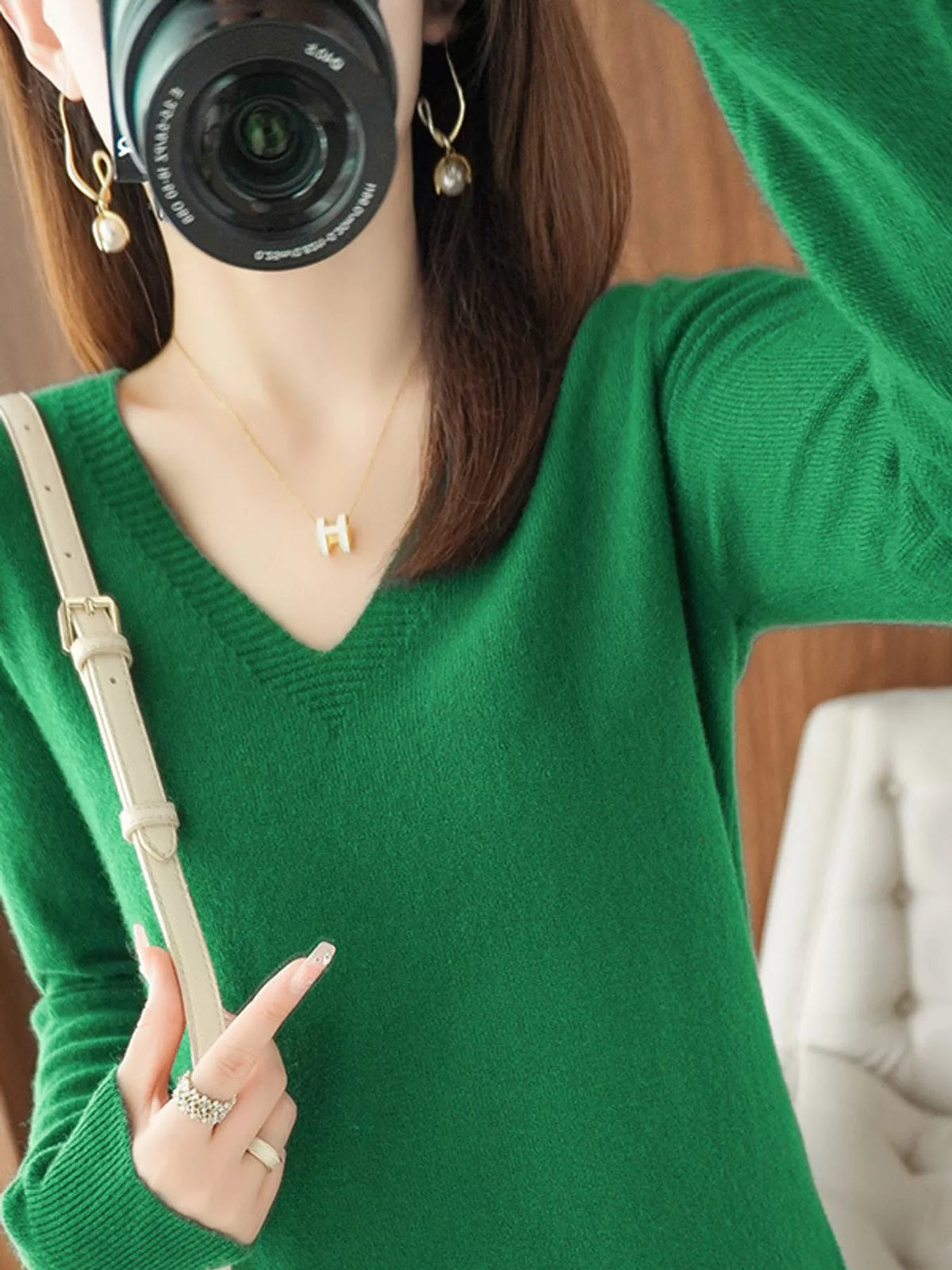V-Neck Solid Color Sweater