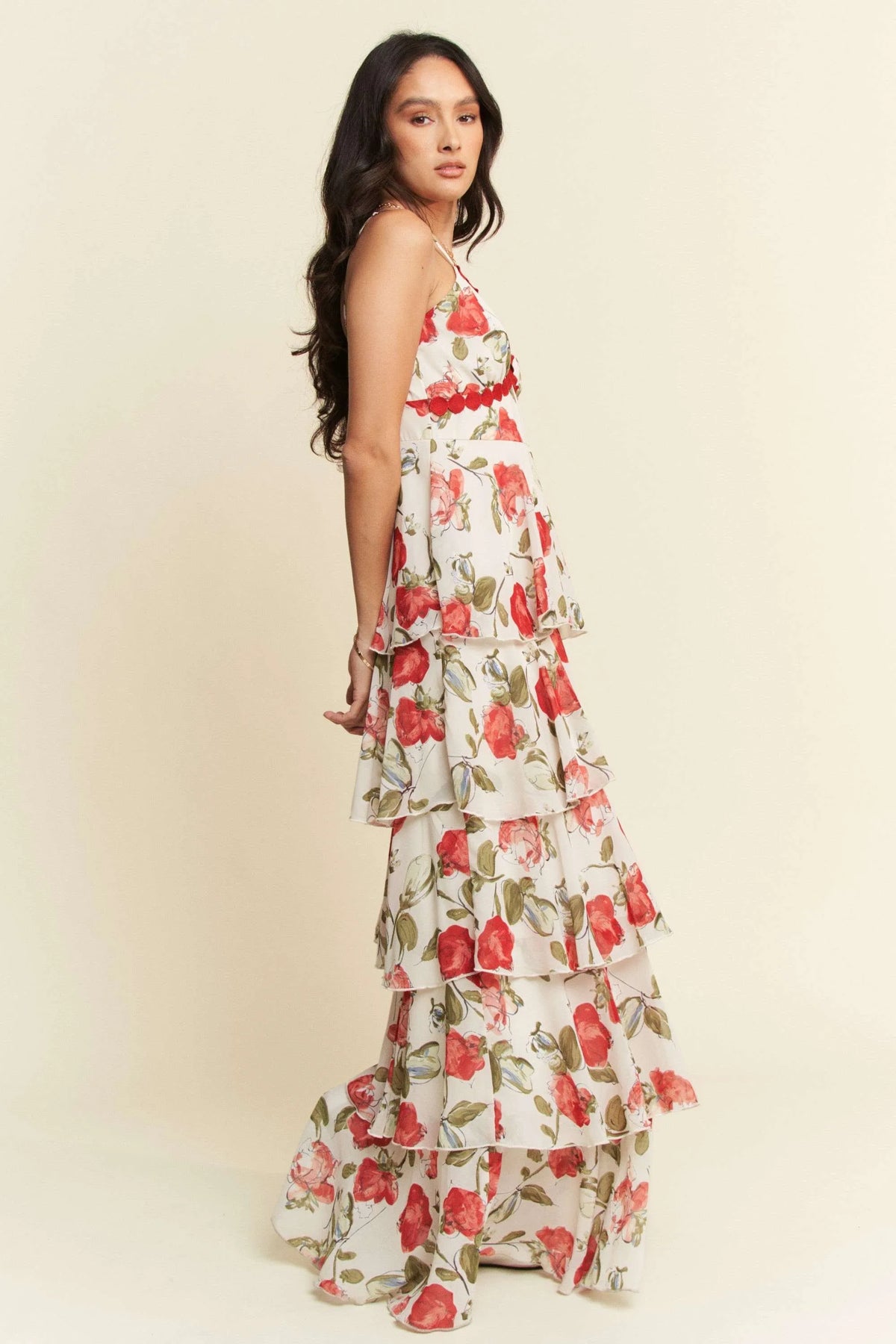 Davi & Dani Contrast Ring Lace Layered Ruffle Maxi Cami Dress