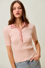 SO ME Contrast Collar Stretchy Rib Knit Short Sleeve Top