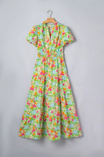 Floral Print V Neck Short Puff Sleeve Cotton Maxi Dress
