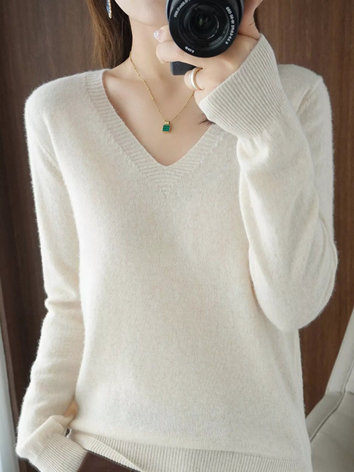 V-Neck Solid Color Sweater