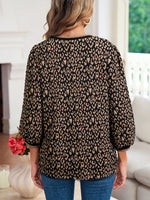Leopard Print Puffy Bracelet Sleeve Contrast Trim Round Neck Top