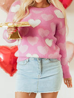 Pearled Heart Print Valentines Crew Neck Sweater