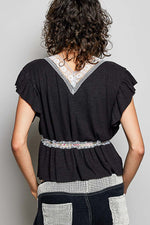 POL Tied Ruffled V-Neck Short Sleeve Blouse with Lace Detail