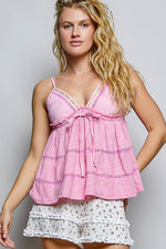 POL V-Neck Embroidered Trim Ruffled Cami