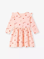 Children's Strawberry and Bunny Print Ruffled Long-Sleeve A-Line Dress