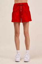 SO ME Solid Twill Denim Pintucked Buttoned Shorts With Waist Tie