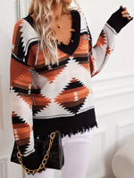 Geometric Frayed Hem V-Neck Long Sleeve Sweater