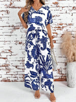 Printed V-Neck Top and Wide Leg Pants Set