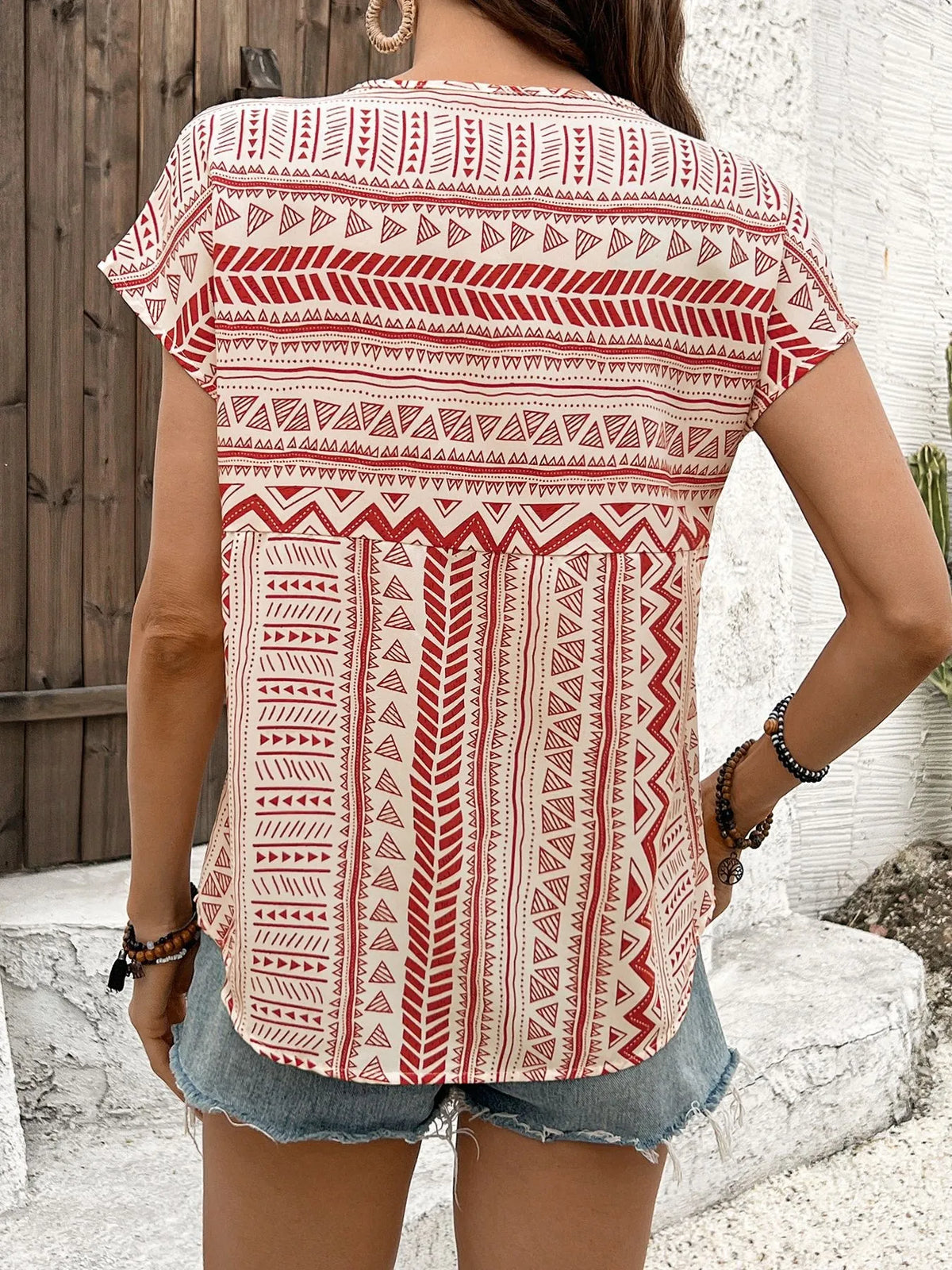 Geometric Print Short Sleeve Blouse