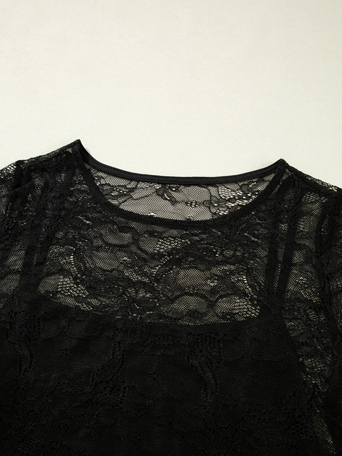 Lace Crochet Mesh Patched Slim Fit Long Sleeve Top