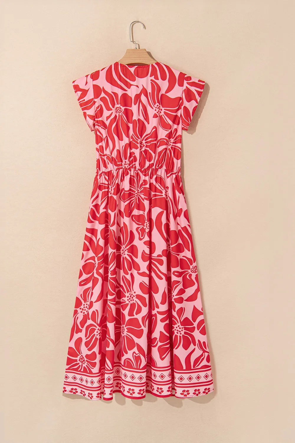 FloralRuffled V-Neck Midi Dress with Button Front