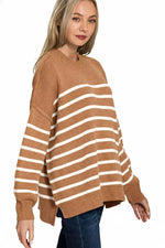 Zenana Exposed Seam Striped Oversized Sweater