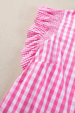 Ruffled Plaid Mock Neck Cap Sleeve Blouse