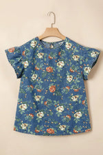 Ruffled Short Sleeve Floral Denim Top