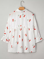 Cherry Print Flounce Sleeve Collared Frilled Babydoll Blouse