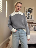 Striped Knit Sweater with Contrast Collar