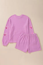 Corded Rib Sequin Bow Patched Long Sleeve Top and Shorts 2pcs Set