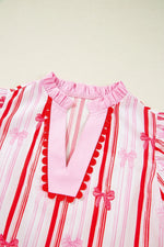 Ric-Rac Trim Ruffled Sleeve Striped Printed Blouse