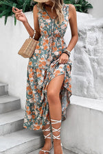 Floral Print Trimmed V Neck Tie Waist Sleeveless Dress