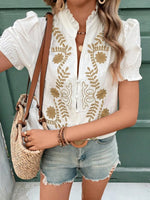 Embroidered Frill Notched Short Sleeve Blouse